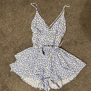 *DONATED* Forever 21 Blue and Lime Green Floral Romper